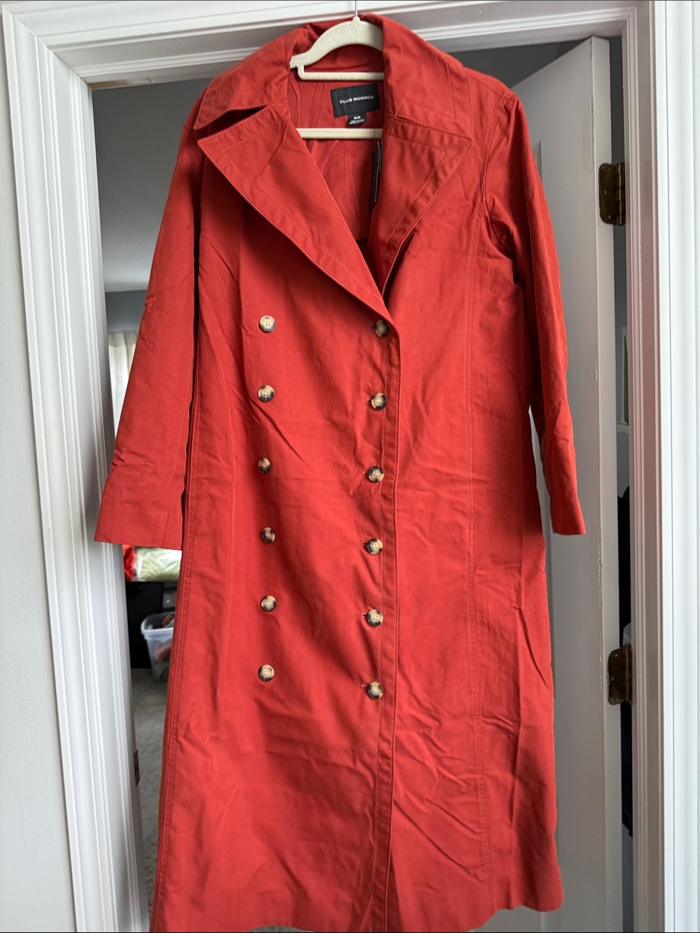 Club Monaco Long Sleeve Double-Breasted Coral-Red Coat Dress